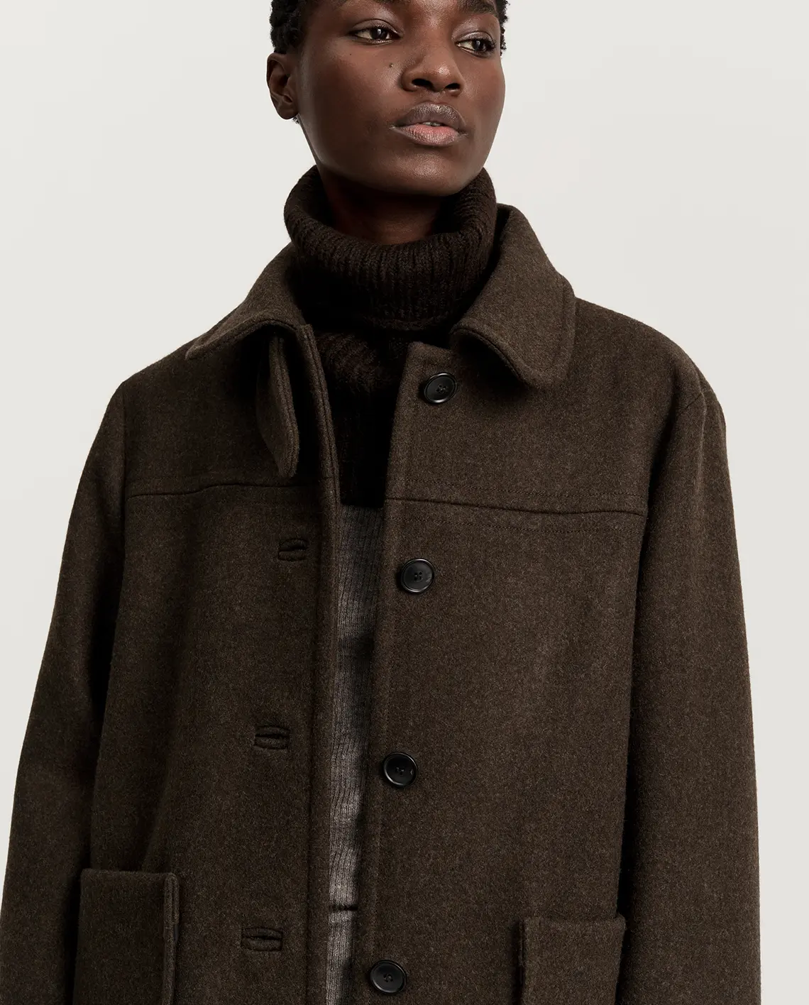 Aiayu_Jamie_Jacket_Loden_Pure_Dark_Brown_Model_Details_LittleColumbine